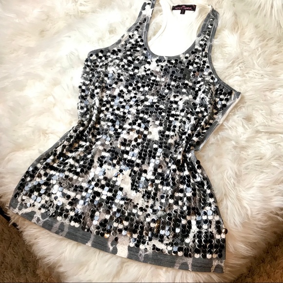 Black and white Sequin ALMOST FAMOUS tank top muscle tee sequin - Picture 2 of 7